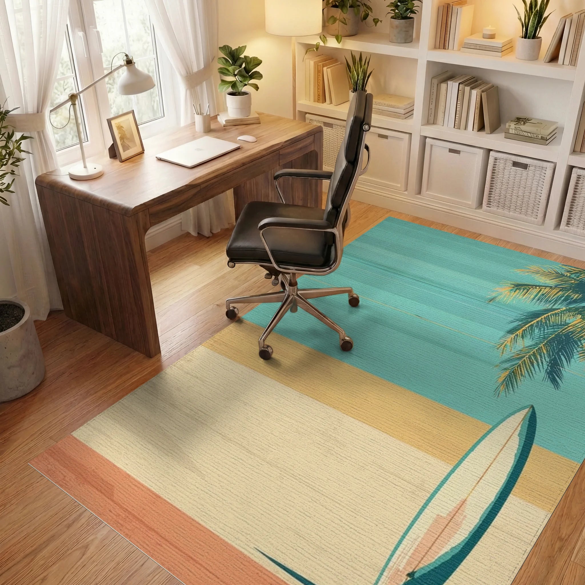 Retro Teal Palm Surfboard Rug - Office View