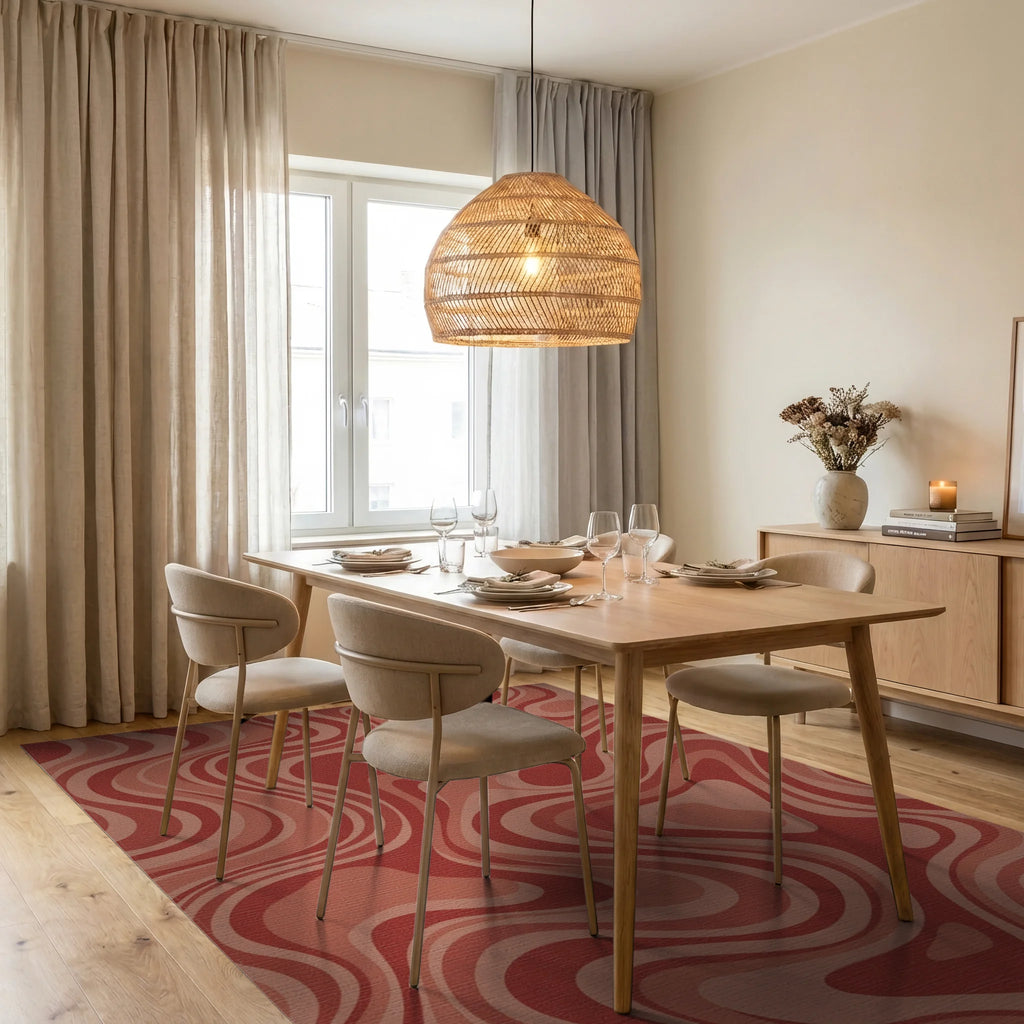 Retro Terracotta Swirl Abstract Rug Dining Room View