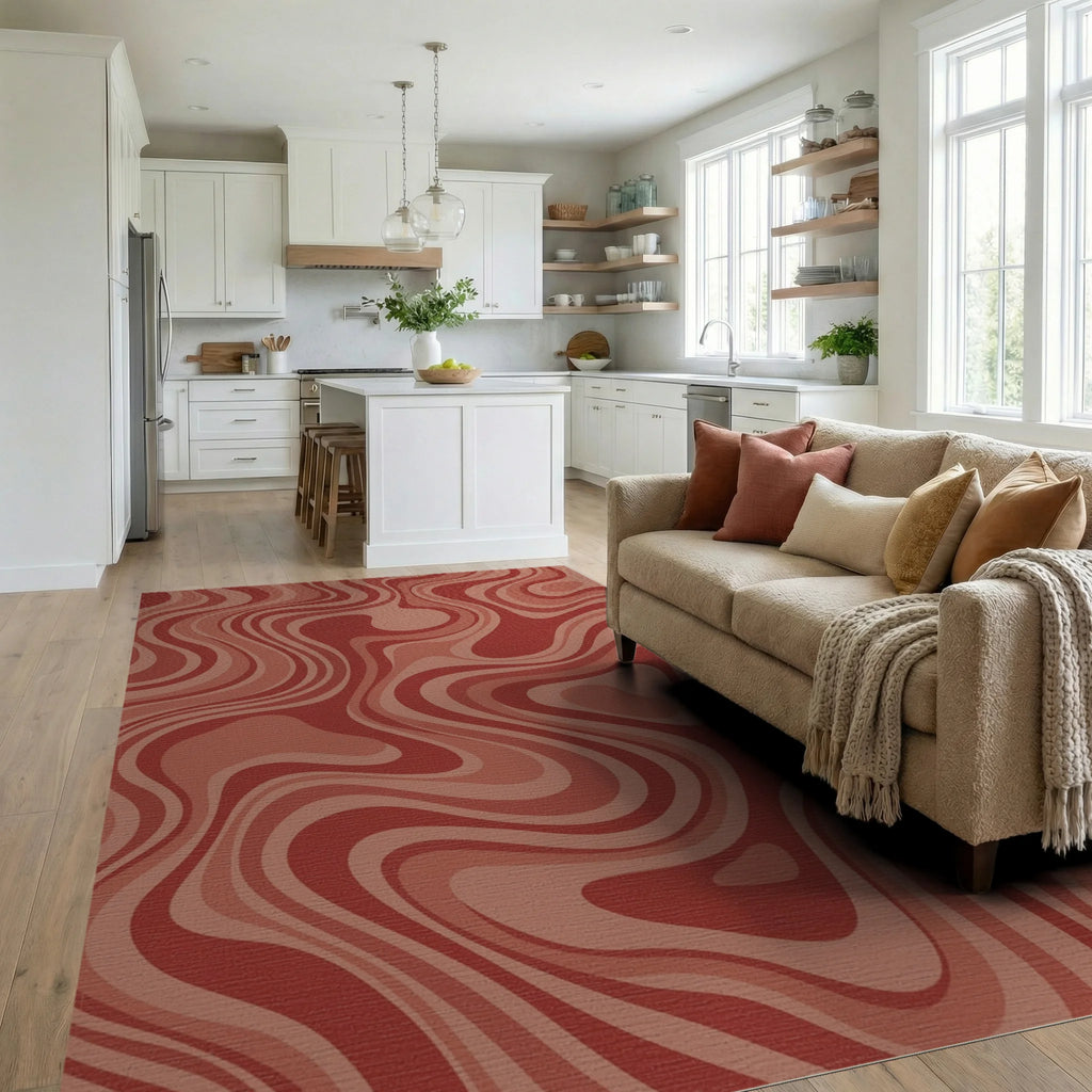 Retro Terracotta Swirl Abstract Rug Living Room View