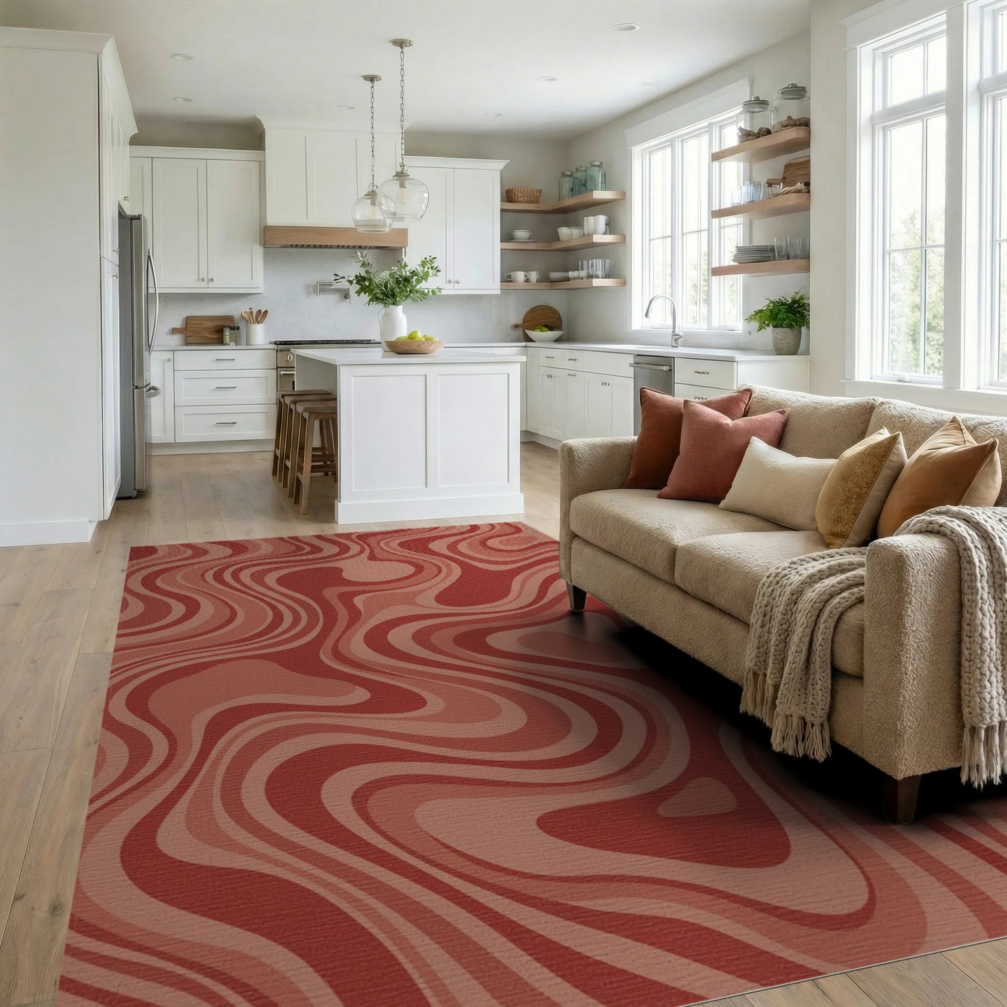 Retro Terracotta Swirl Abstract Rug Living Room View