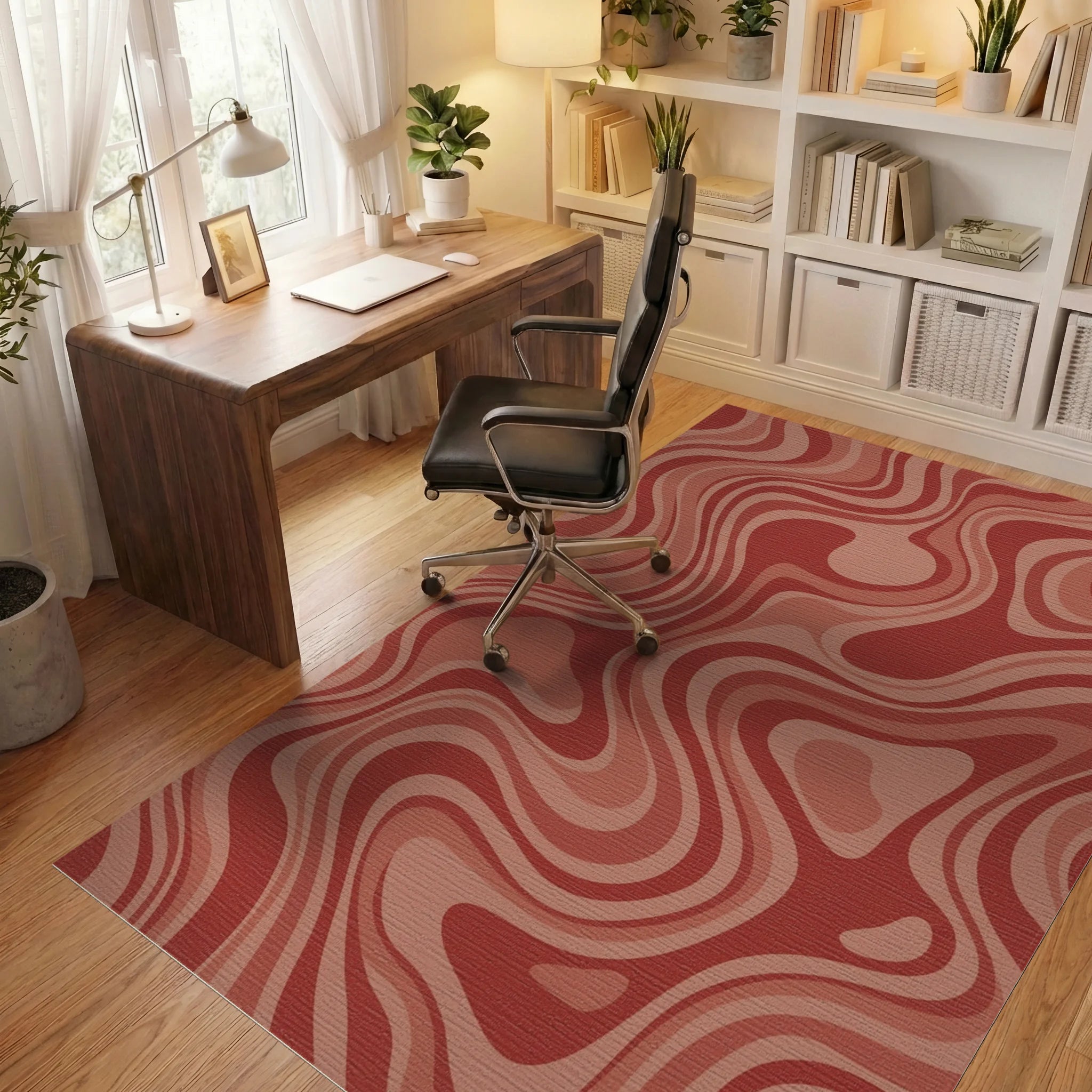 Retro Terracotta Swirl Abstract Rug Office View