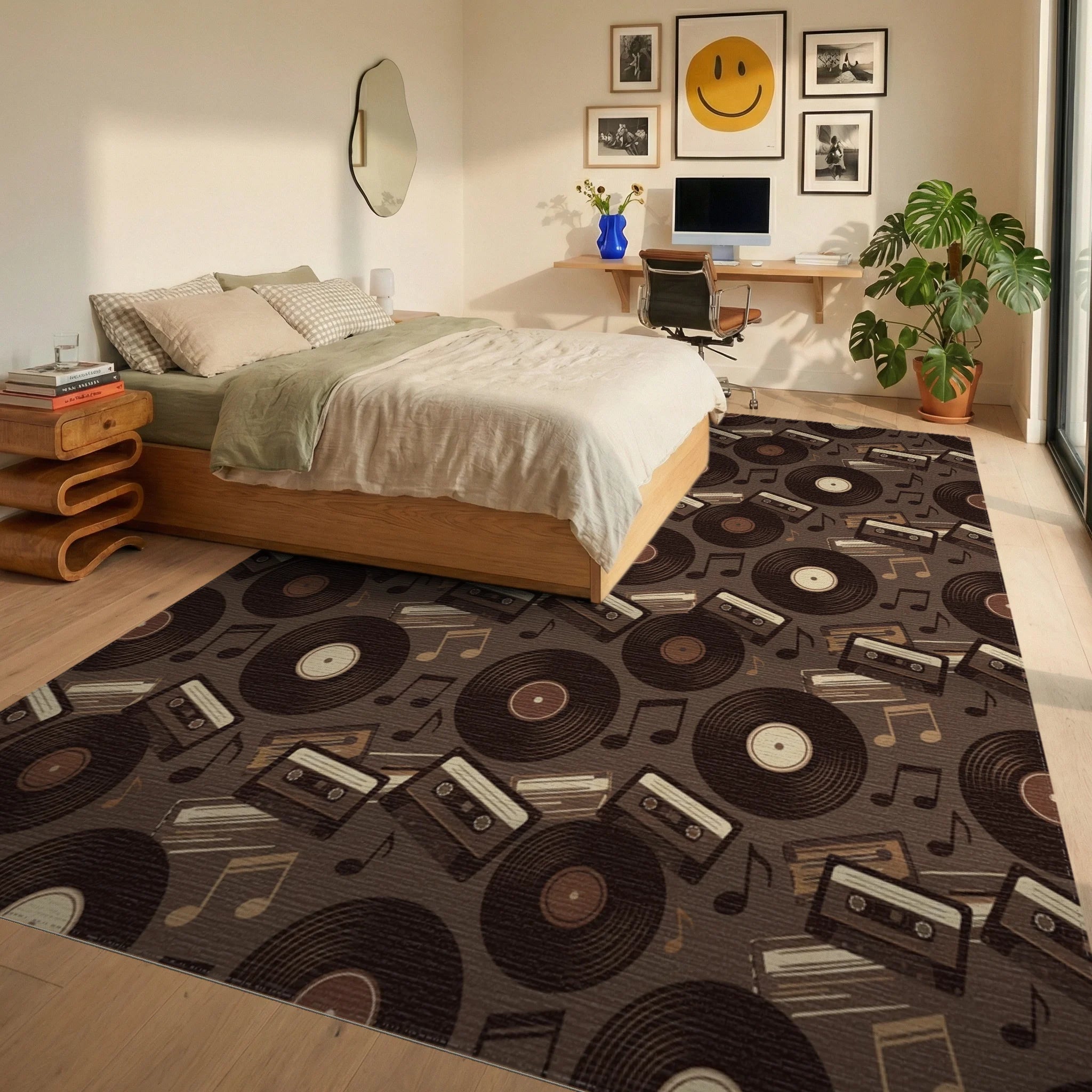 Retro Vinyl Cassette Music Notes Rug Bedroom View