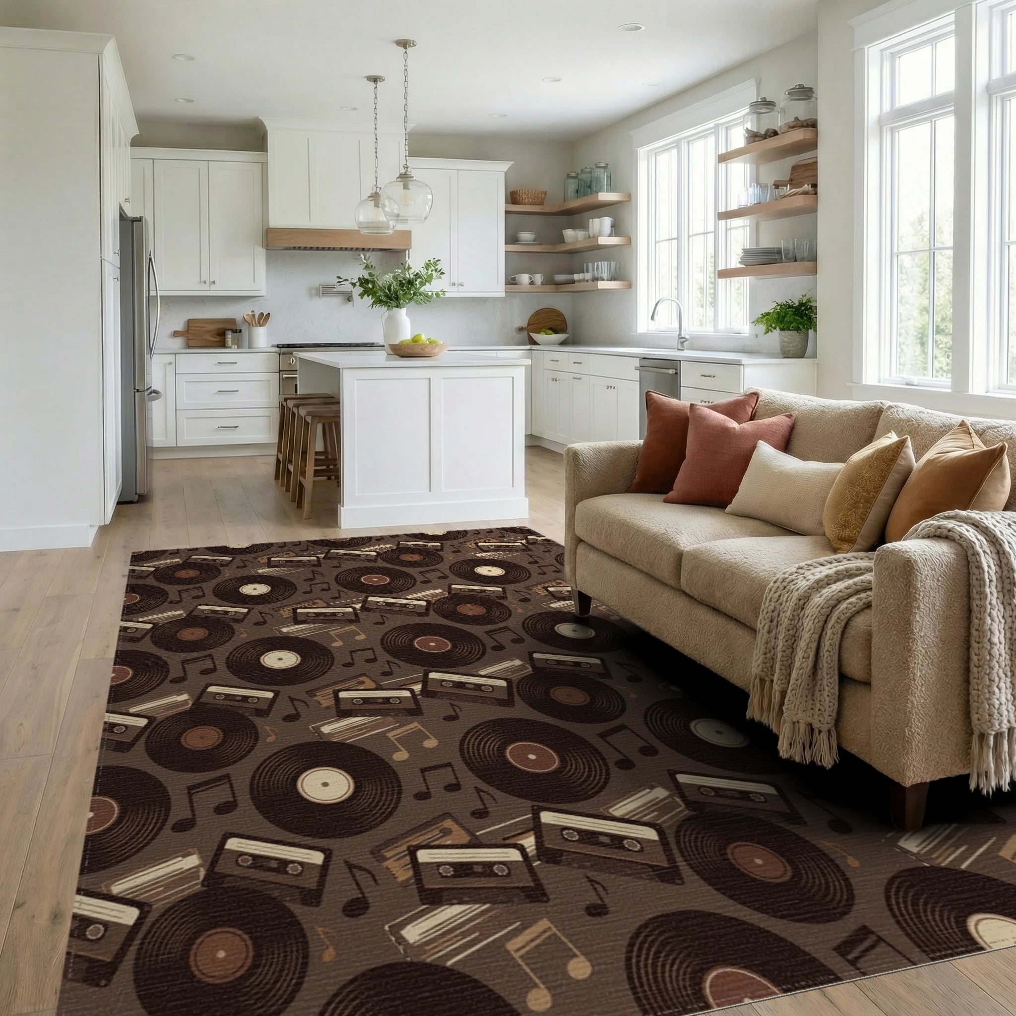 Retro Vinyl Cassette Music Notes Rug Living Room View