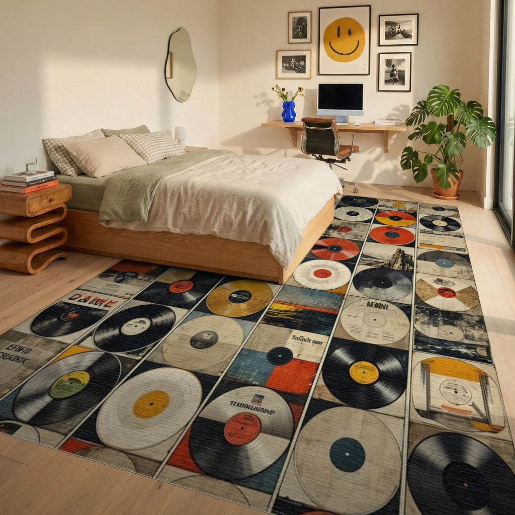 Retro Vinyl Record Collage Rug - Bedroom View