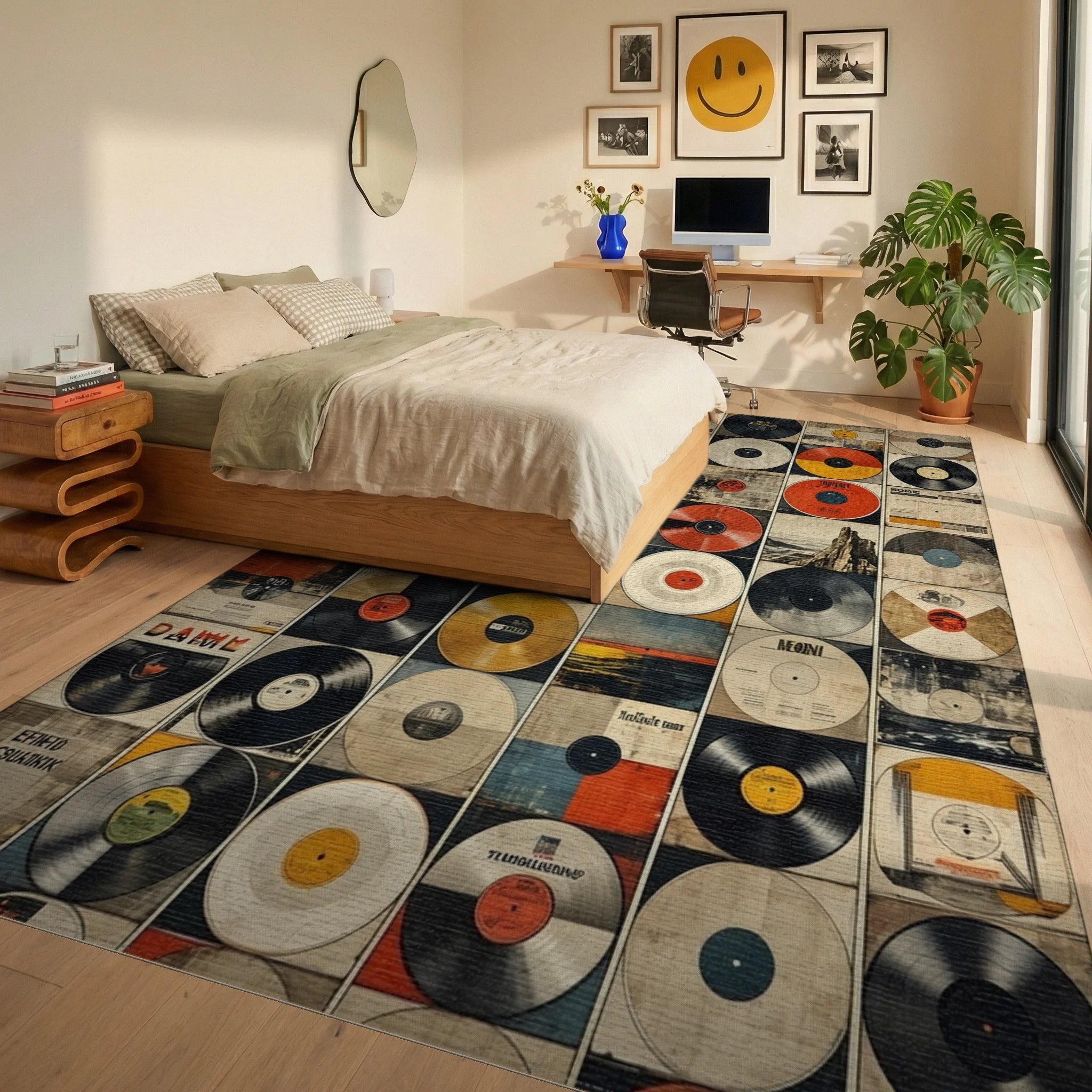 Retro Vinyl Record Collage Rug - Bedroom View
