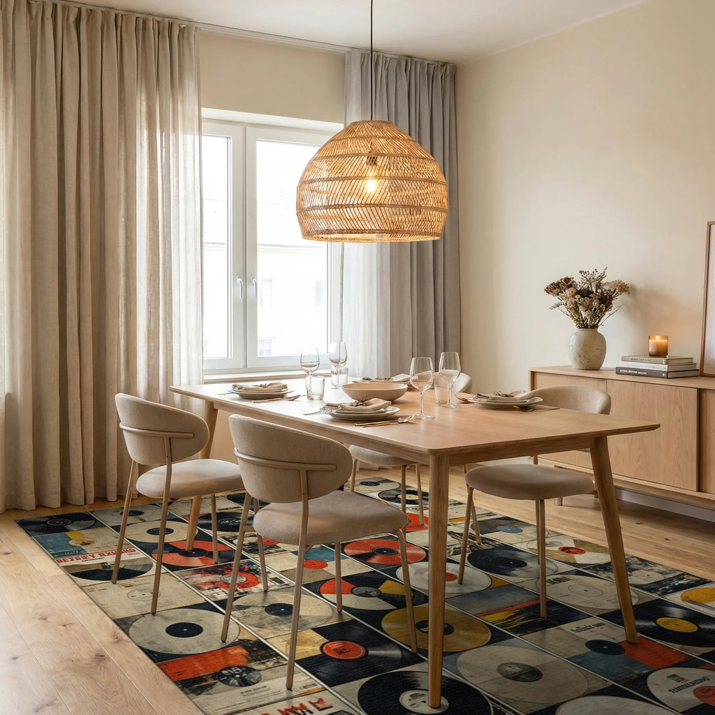 Retro Vinyl Record Collage Rug - Dining Room View