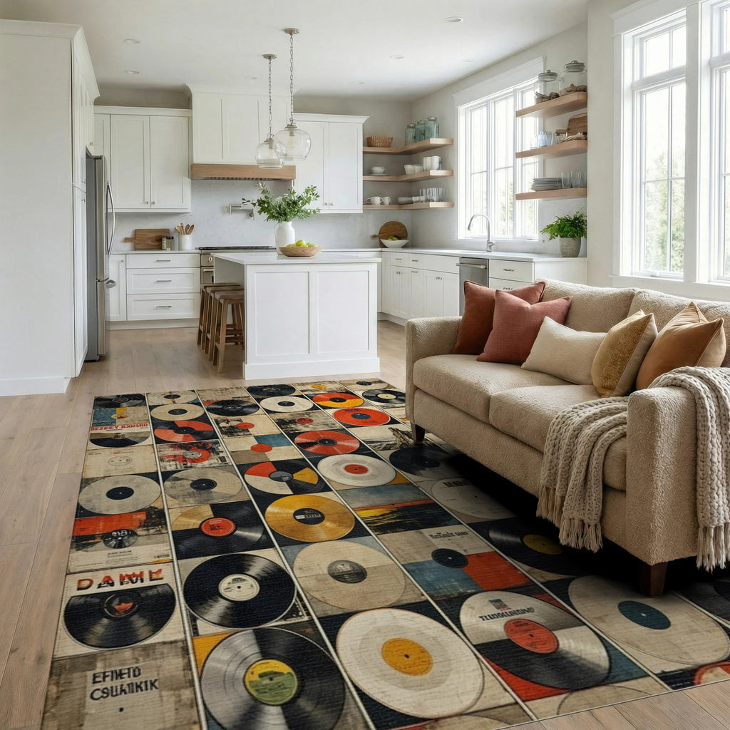 Retro Vinyl Record Collage Rug - Living Room View