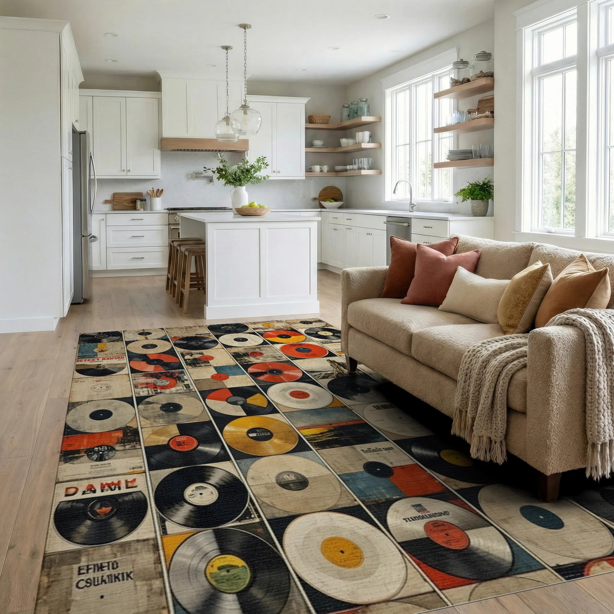Retro Vinyl Record Collage Rug - Living Room View