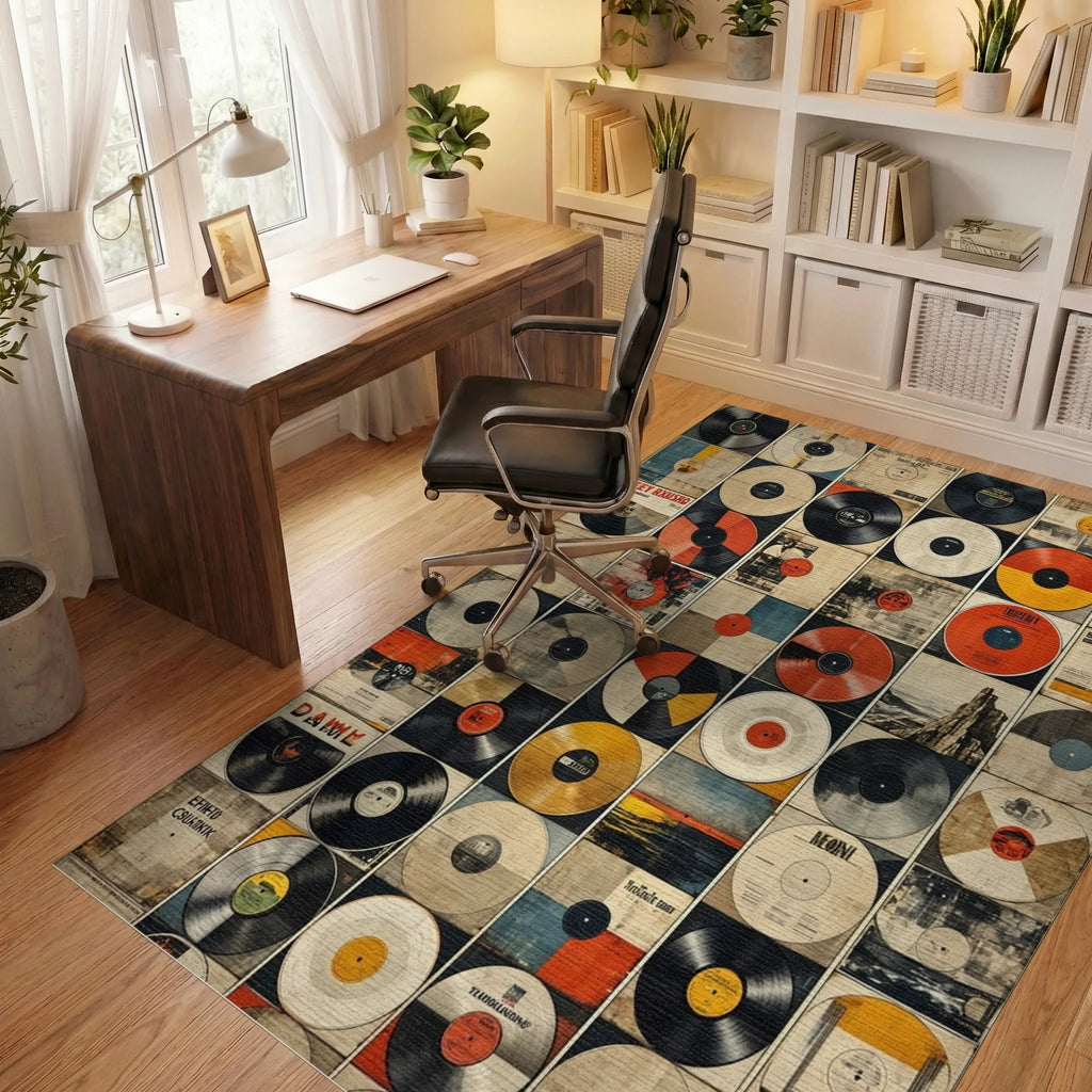 Retro Vinyl Record Collage Rug - Office View