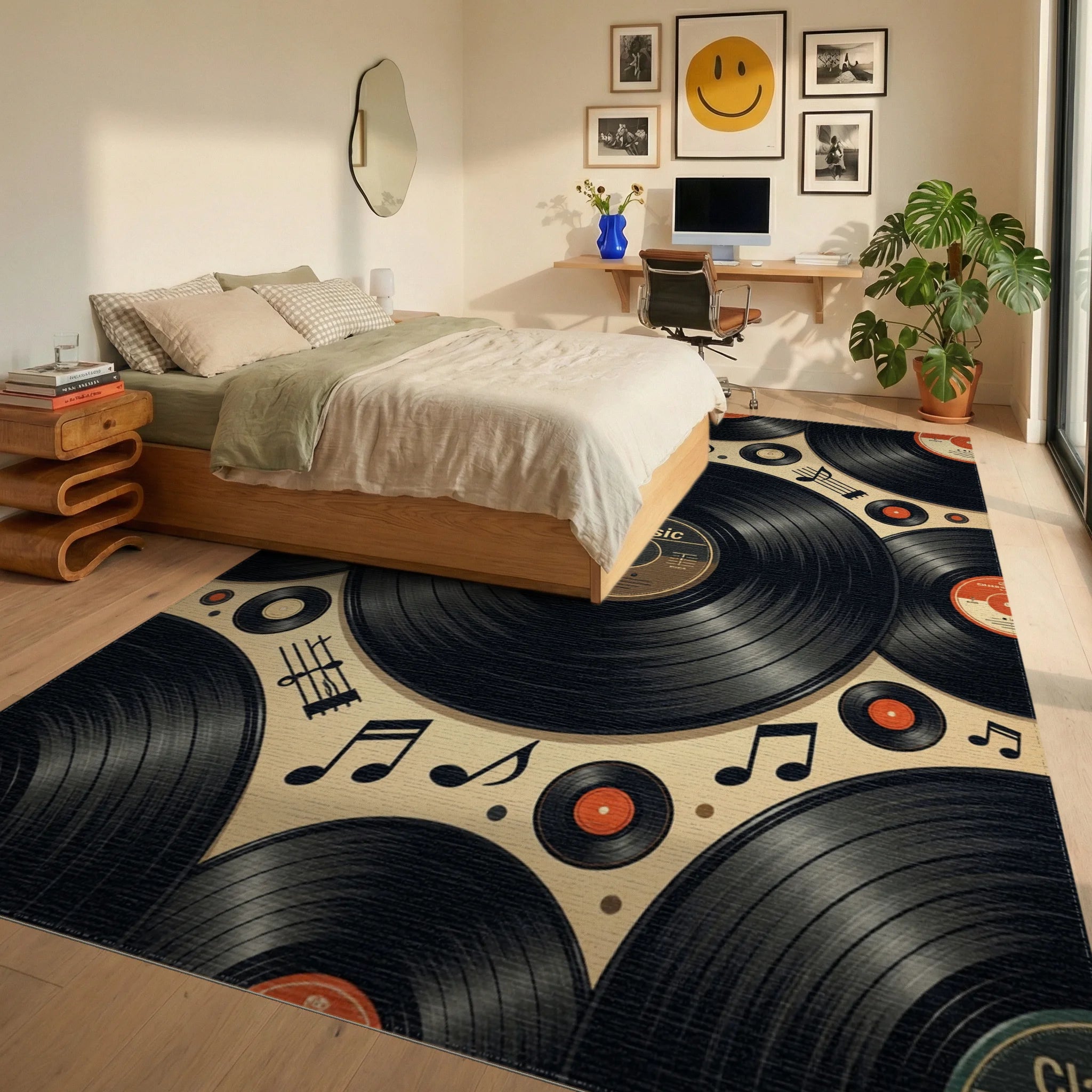 Retro Vinyl Record Music Notes Rug Bedroom View