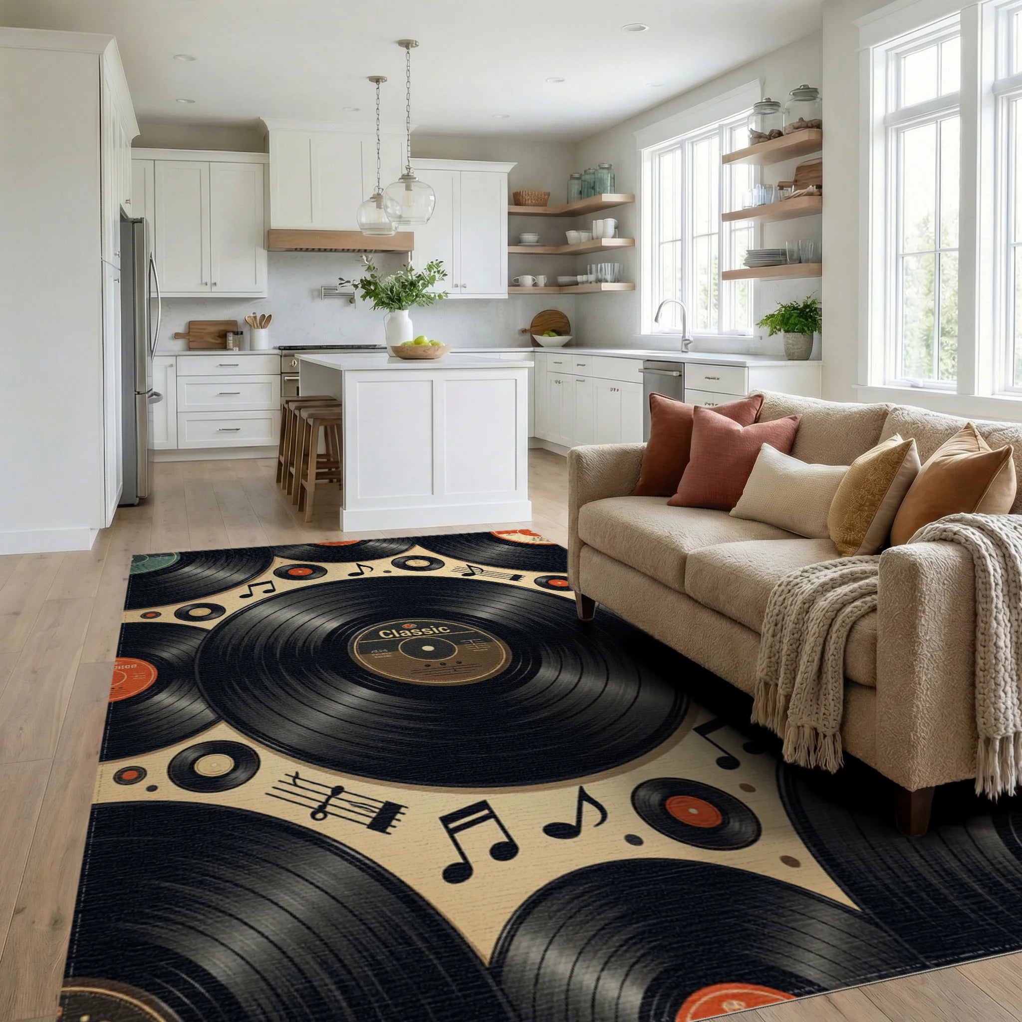 Retro Vinyl Record Music Notes Rug Living Room View