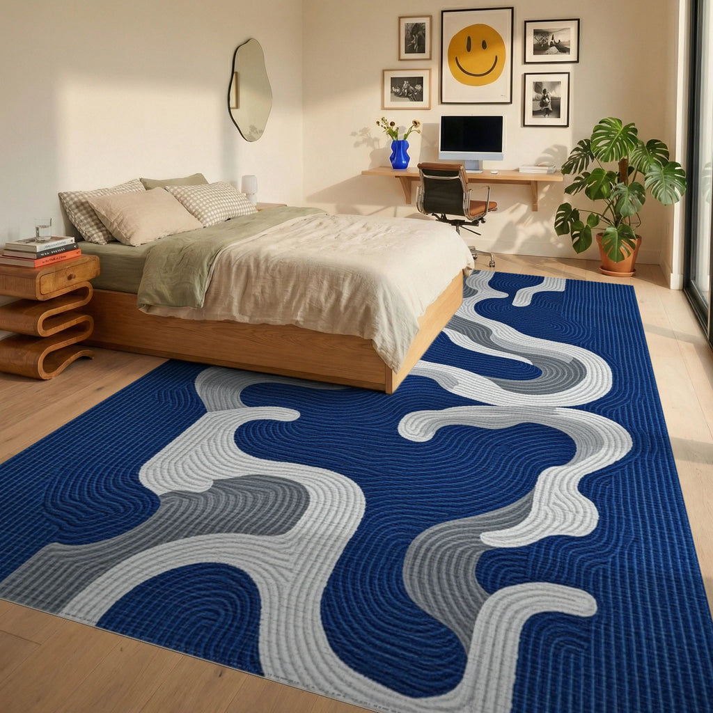 Rich Blue Wavy Abstract Flow Rug - Bedroom View