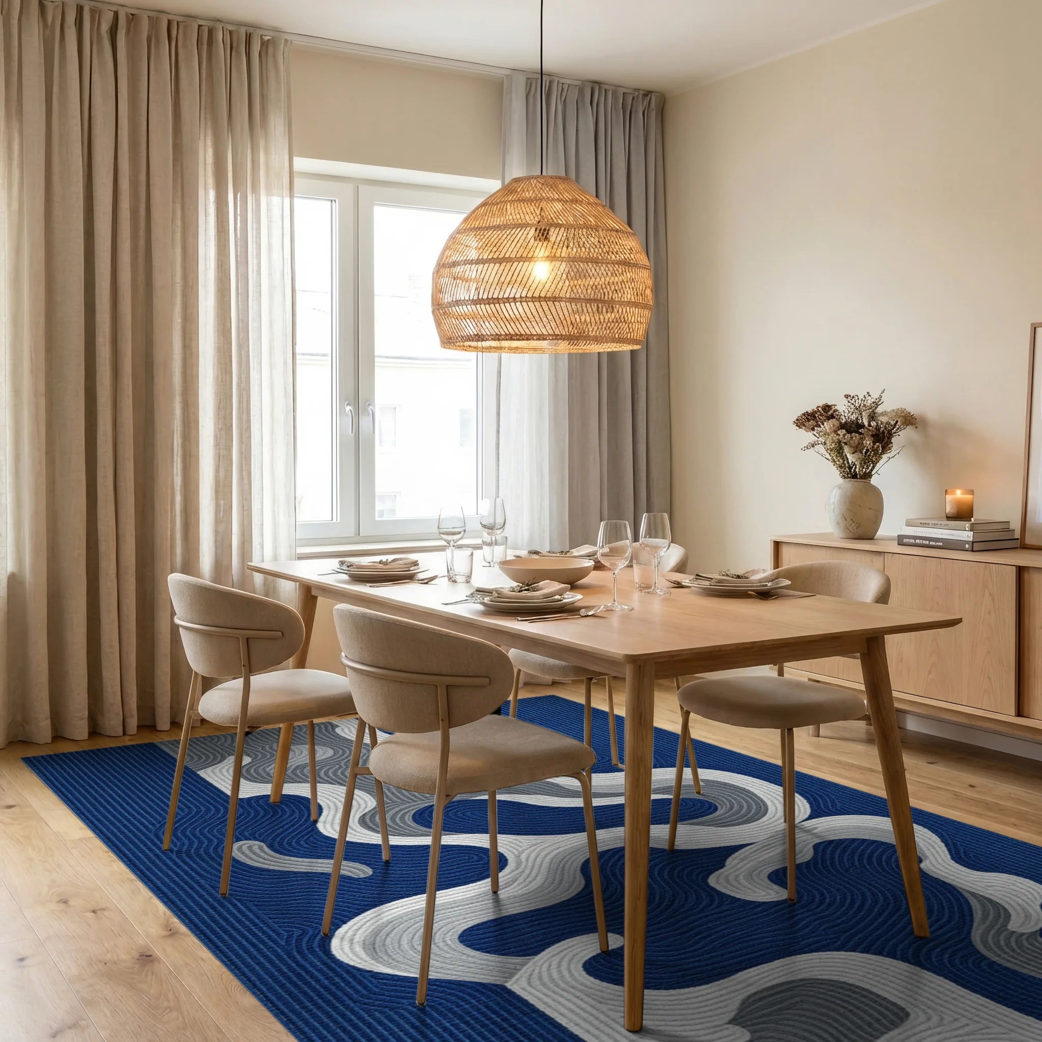 Rich Blue Wavy Abstract Flow Rug - Dining Room View