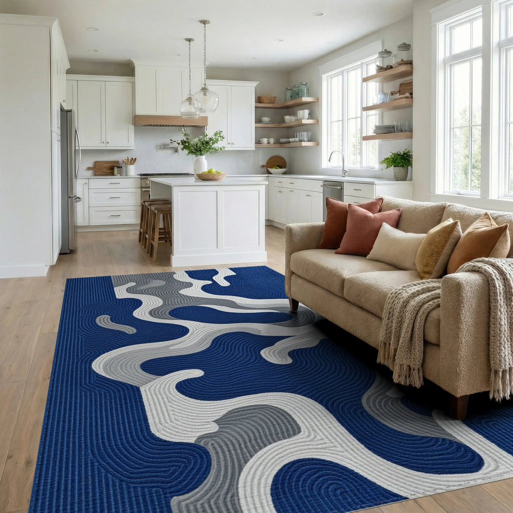 Rich Blue Wavy Abstract Flow Rug - Living Room View
