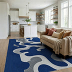 Rich Blue Wavy Abstract Flow Rug - Living Room View