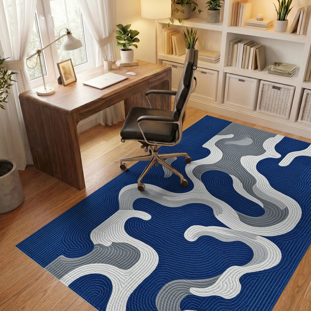 Rich Blue Wavy Abstract Flow Rug - Office View