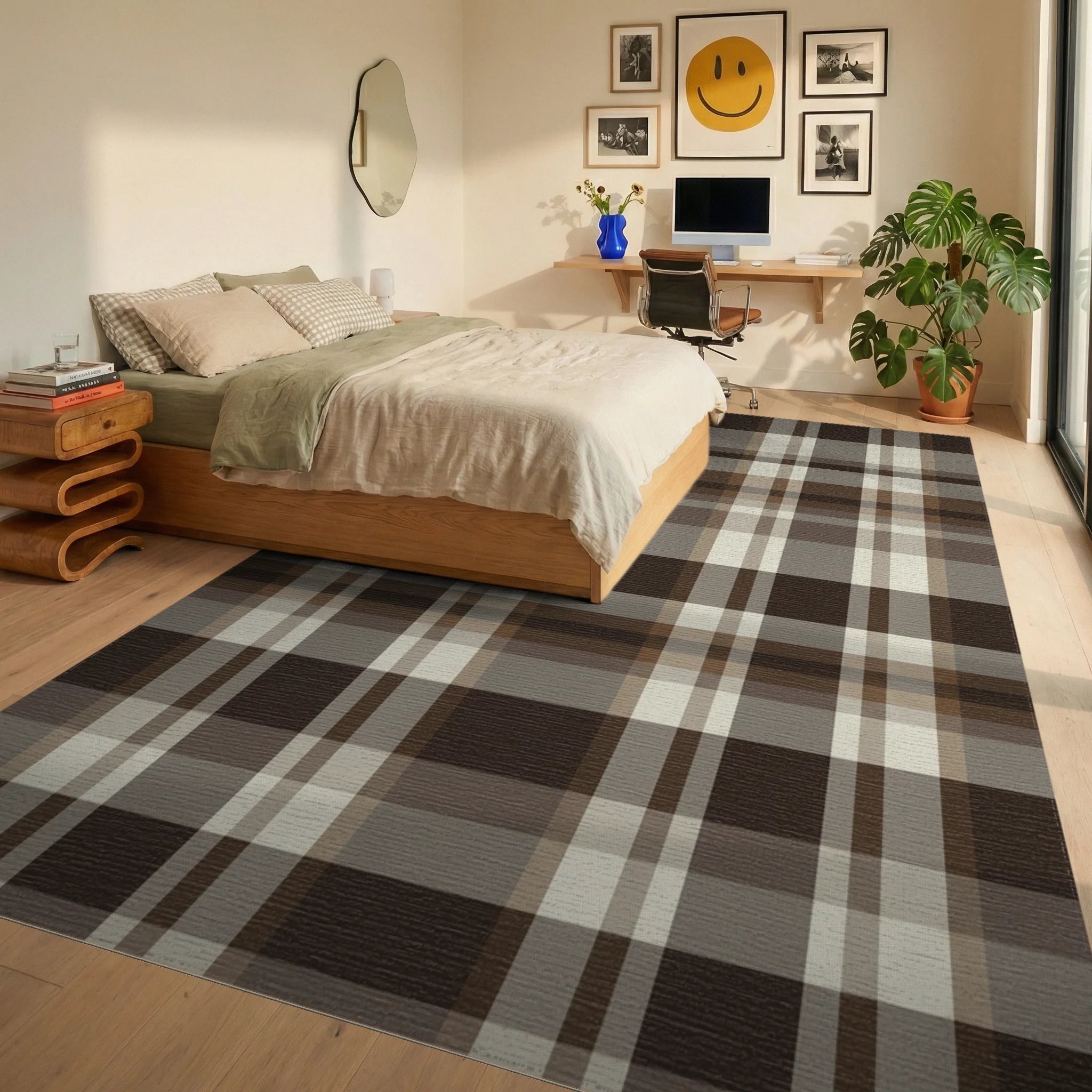 Rich Brown Cream Plaid Check Rug Bedroom View