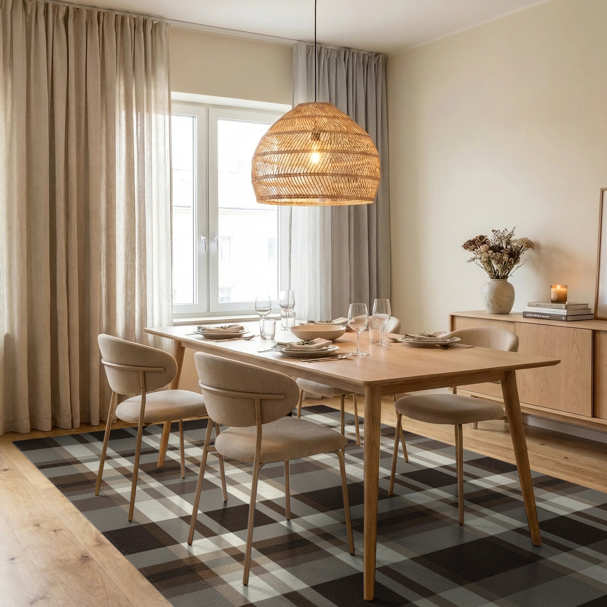 Rich Brown Cream Plaid Check Rug Dining Room View