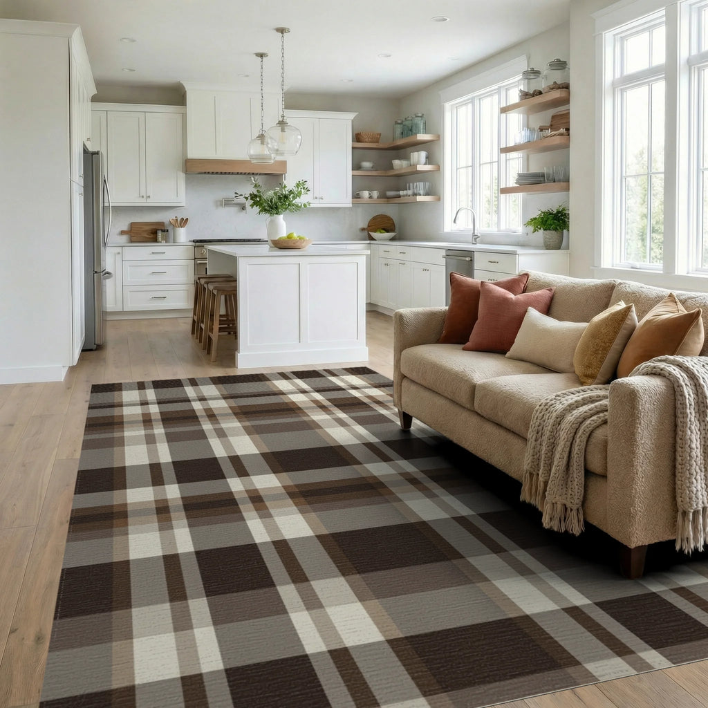 Rich Brown Cream Plaid Check Rug Living Room View