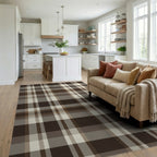 Rich Brown Cream Plaid Check Rug Living Room View