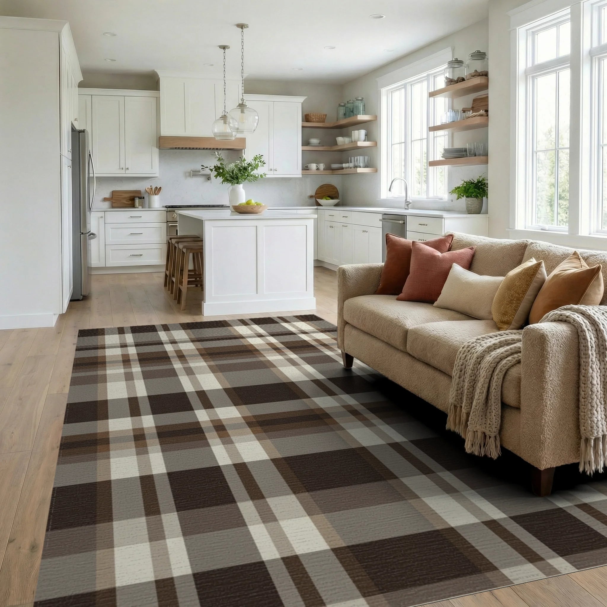 Rich Brown Cream Plaid Check Rug Living Room View