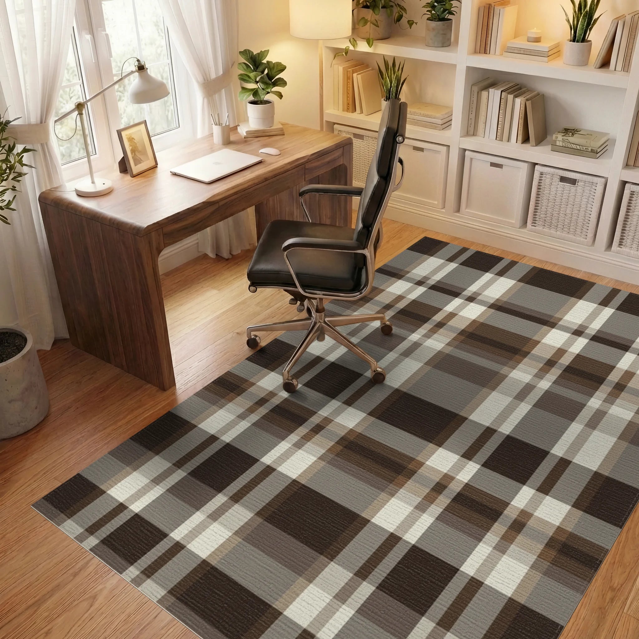 Rich Brown Cream Plaid Check Rug Office View