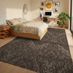 Rich Brown Lace Damask Medallion Rug Bedroom View