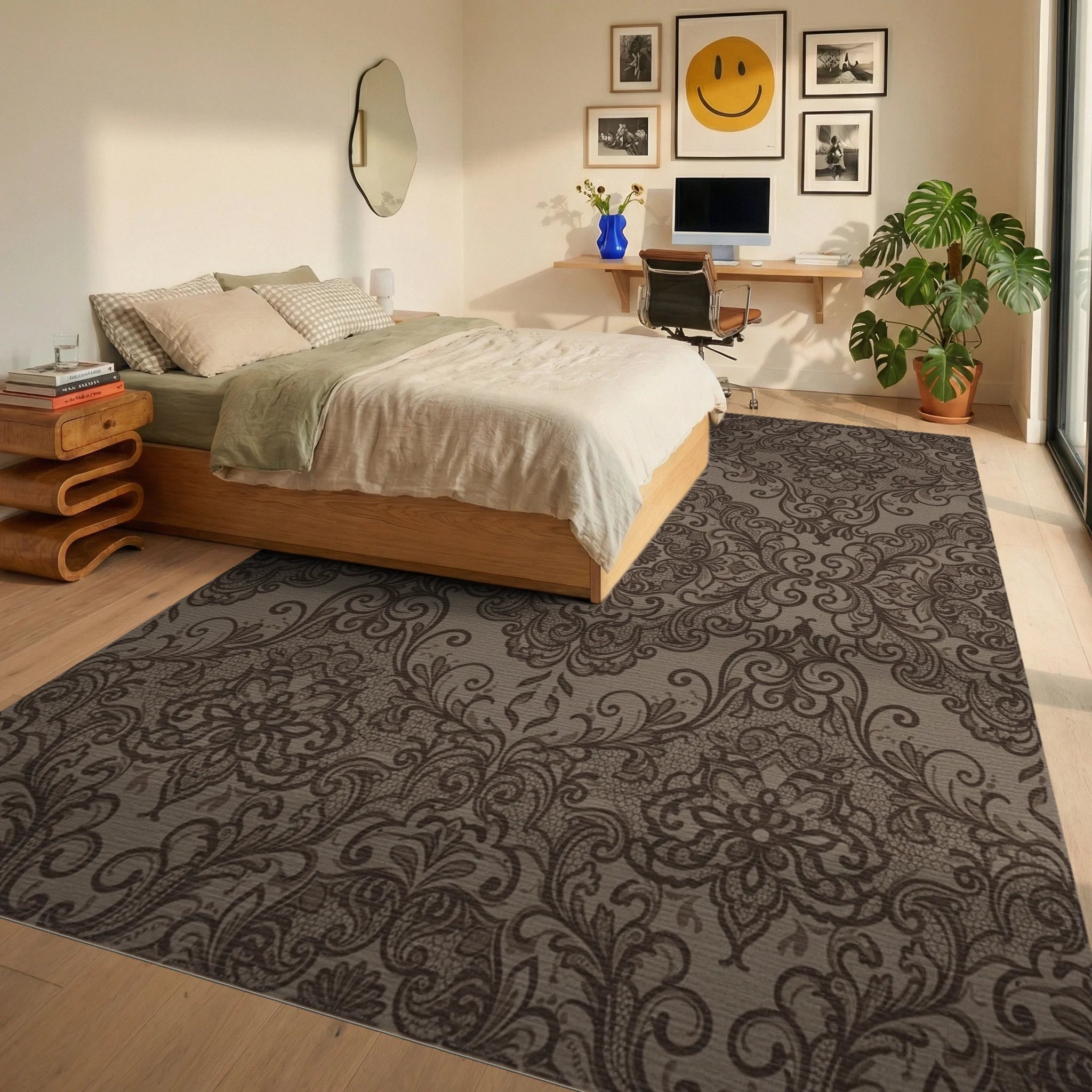 Rich Brown Lace Damask Medallion Rug Bedroom View