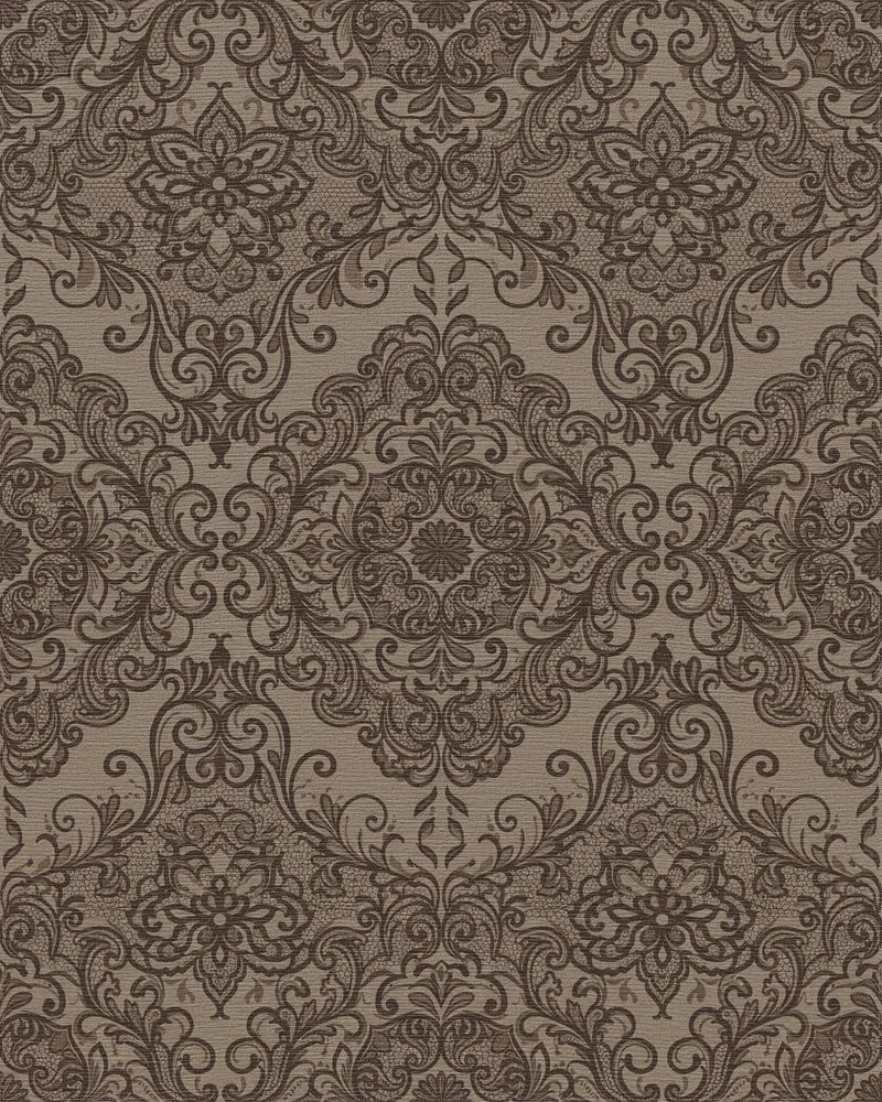 Rich Brown Lace Damask Medallion Rug - Cutout View