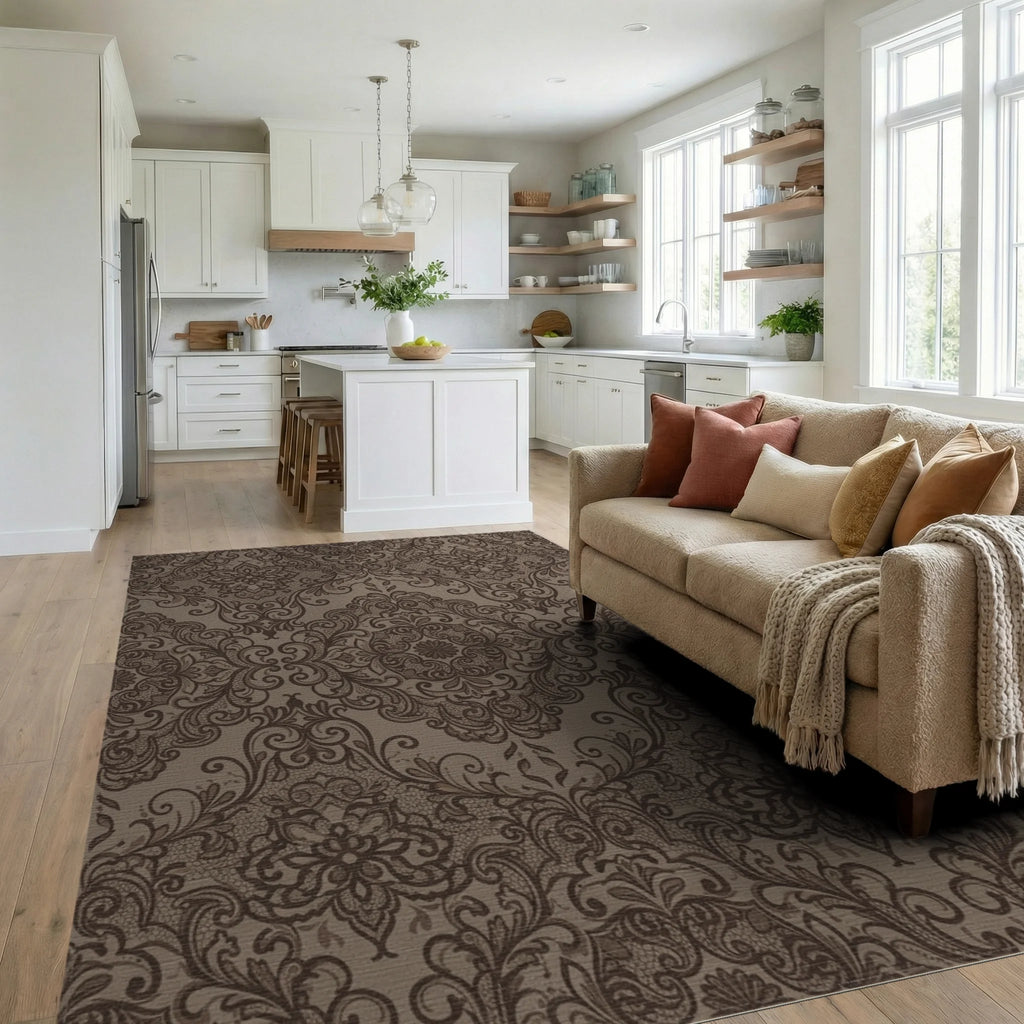 Rich Brown Lace Damask Medallion Rug Living Room View