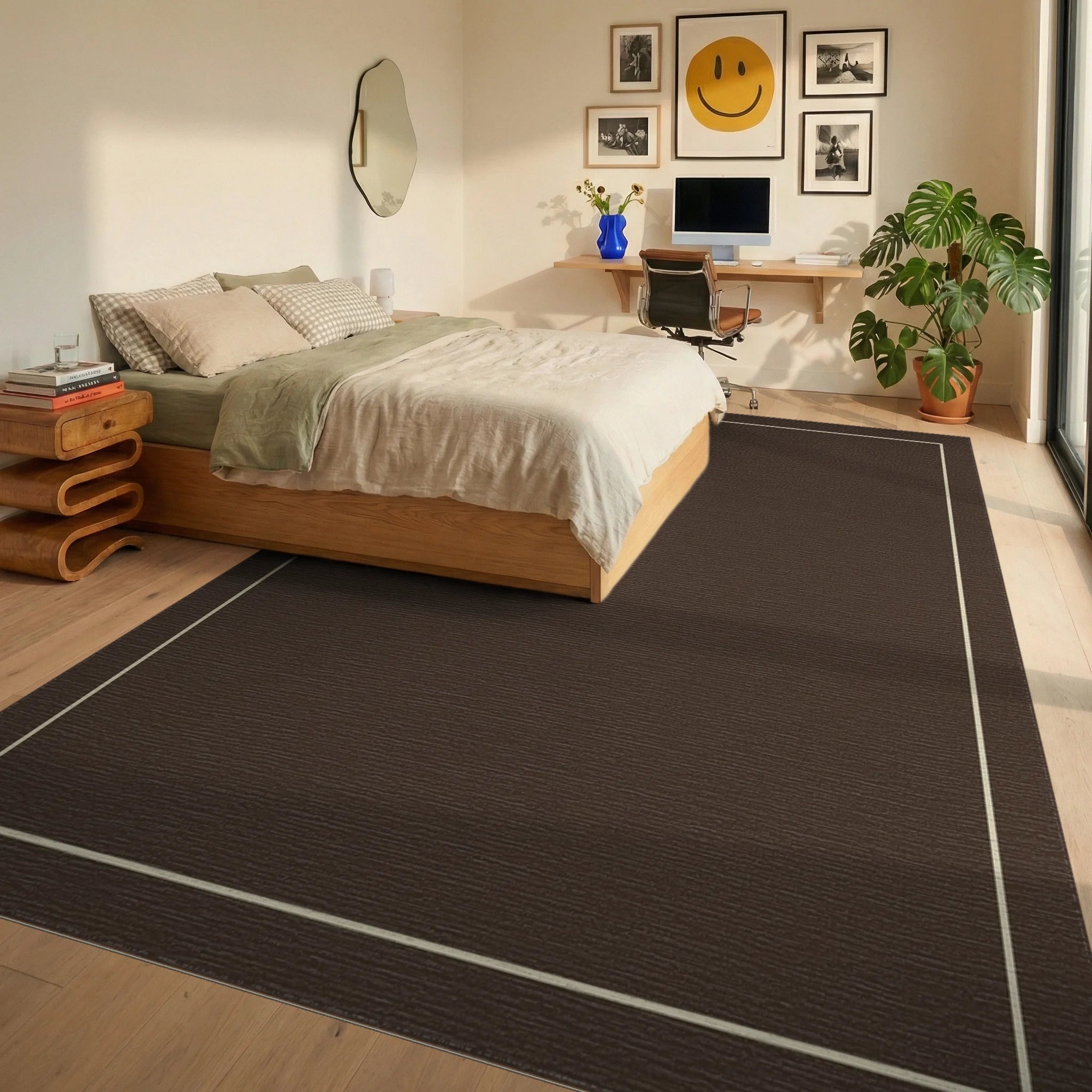 Rich Brown Subtle Linear Border Rug Bedroom View
