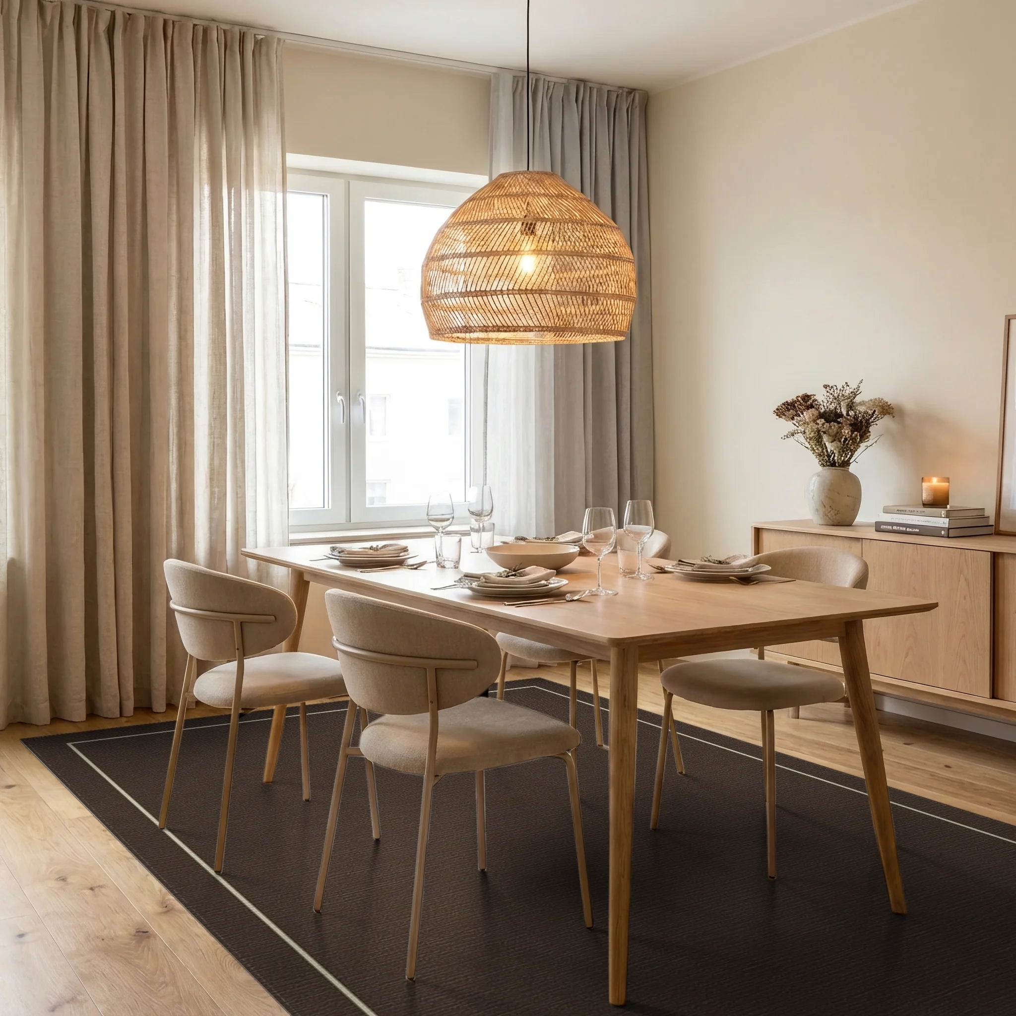 Rich Brown Subtle Linear Border Rug Dining Room View