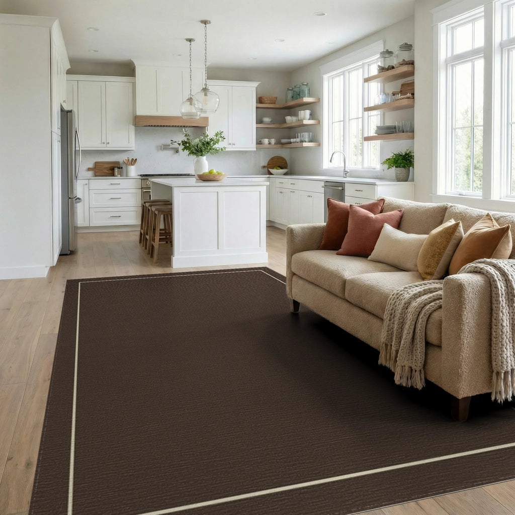 Rich Brown Subtle Linear Border Rug Living Room View