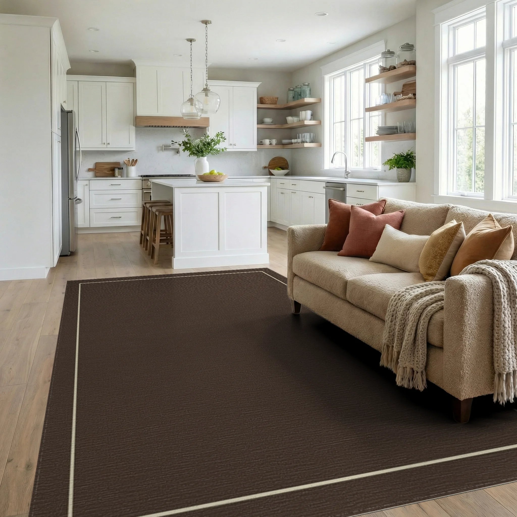 Rich Brown Subtle Linear Border Rug Living Room View