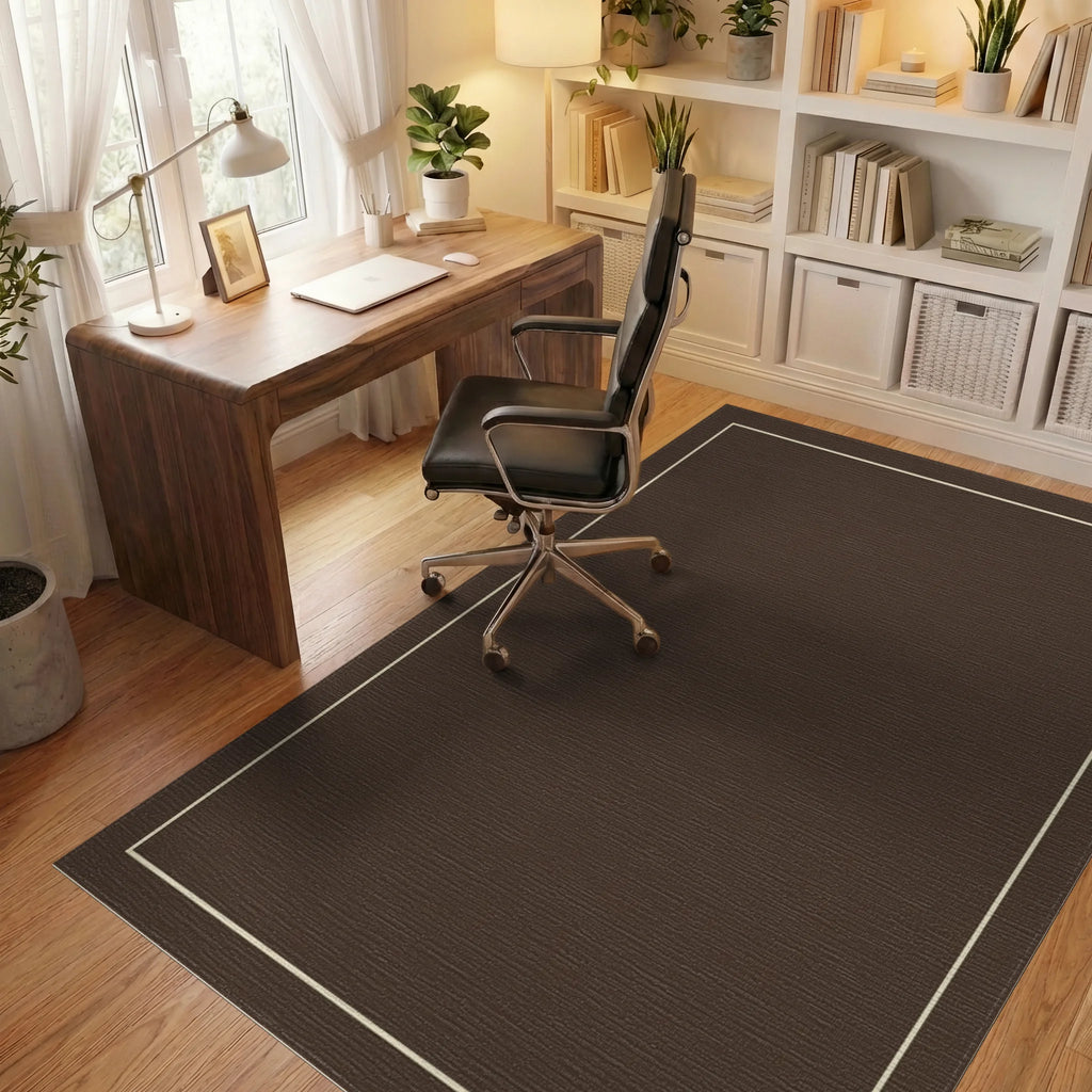 Rich Brown Subtle Linear Border Rug Office View