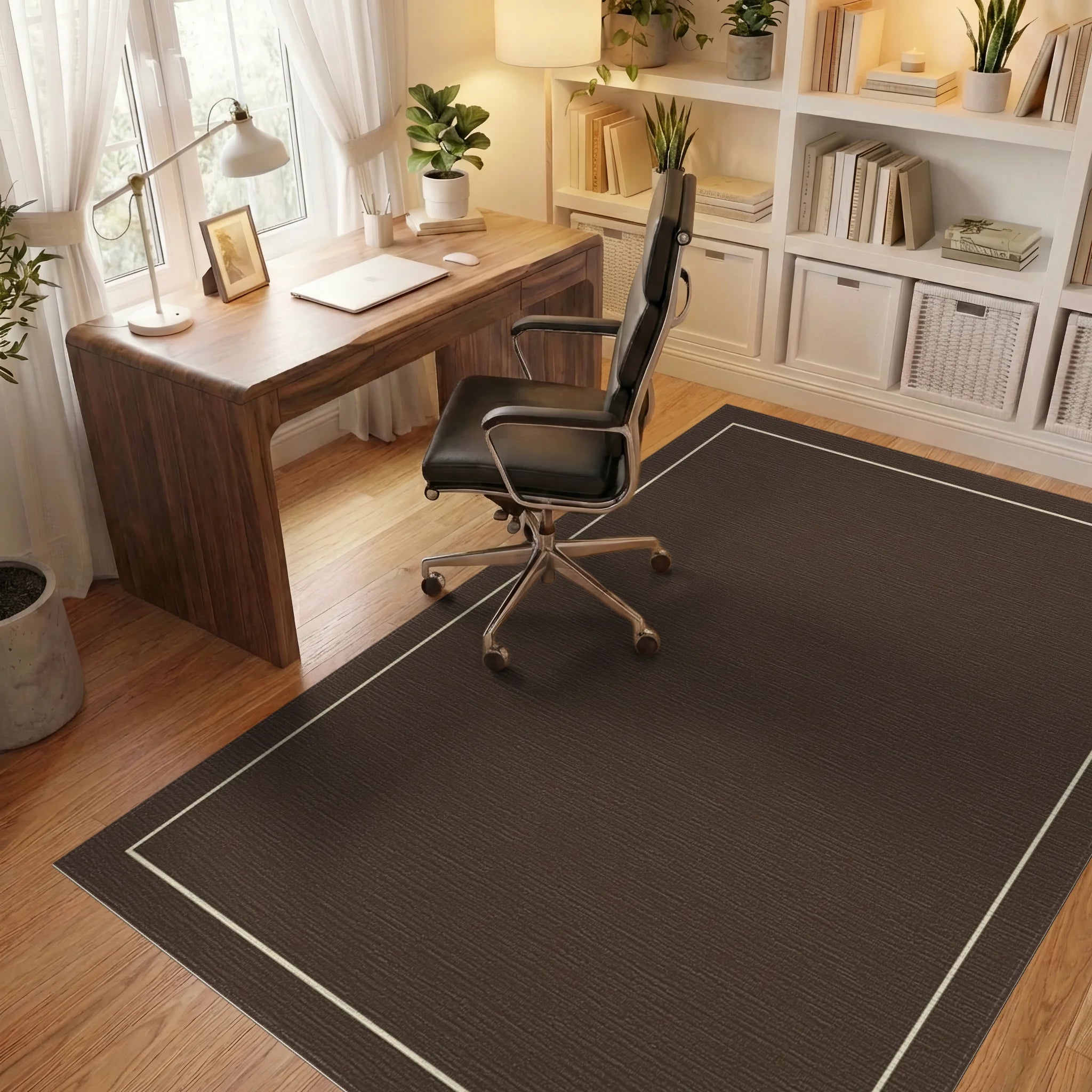 Rich Brown Subtle Linear Border Rug Office View