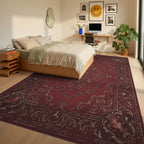Rich Burgundy Vintage Scroll Medallion Rug Bedroom View