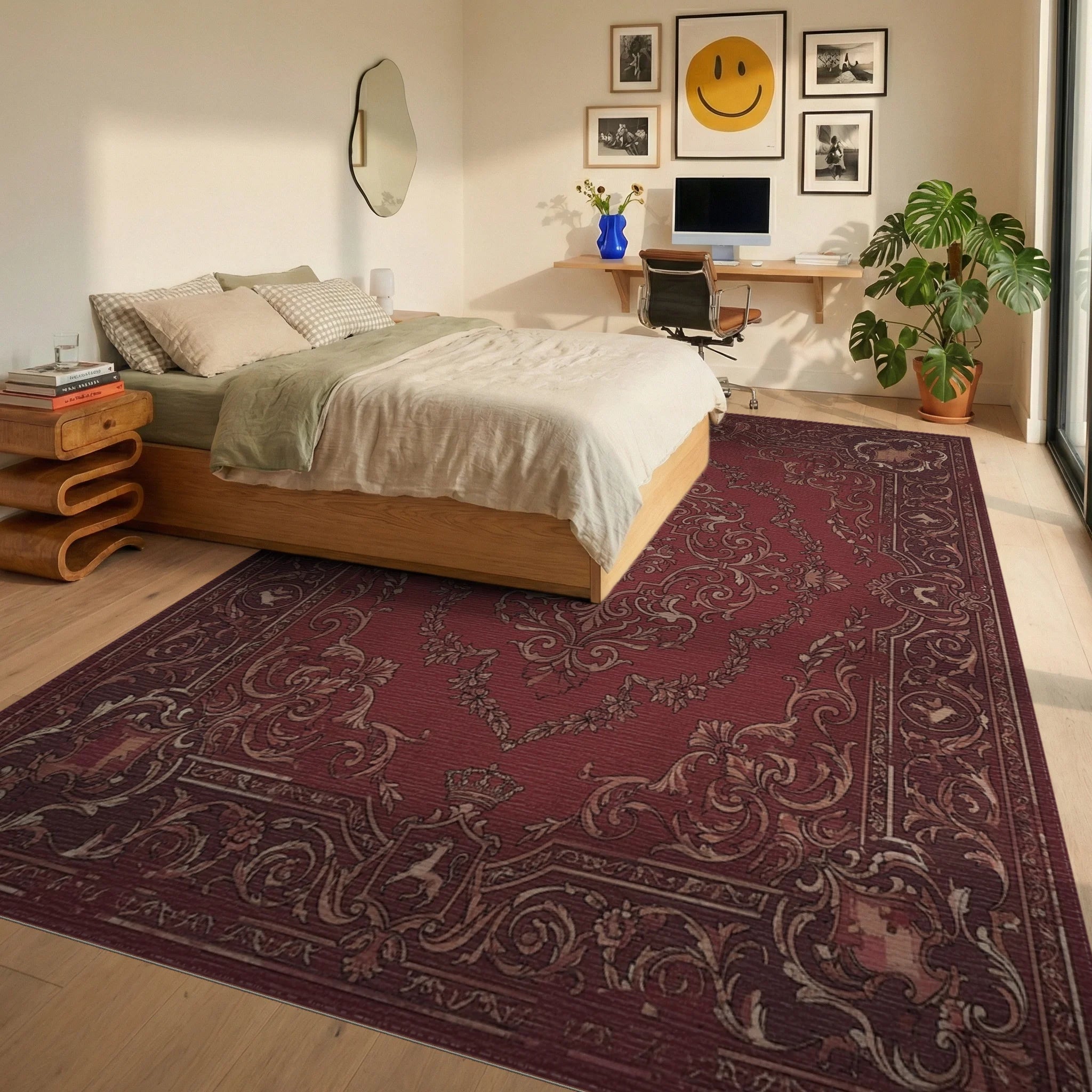 Rich Burgundy Vintage Scroll Medallion Rug Bedroom View