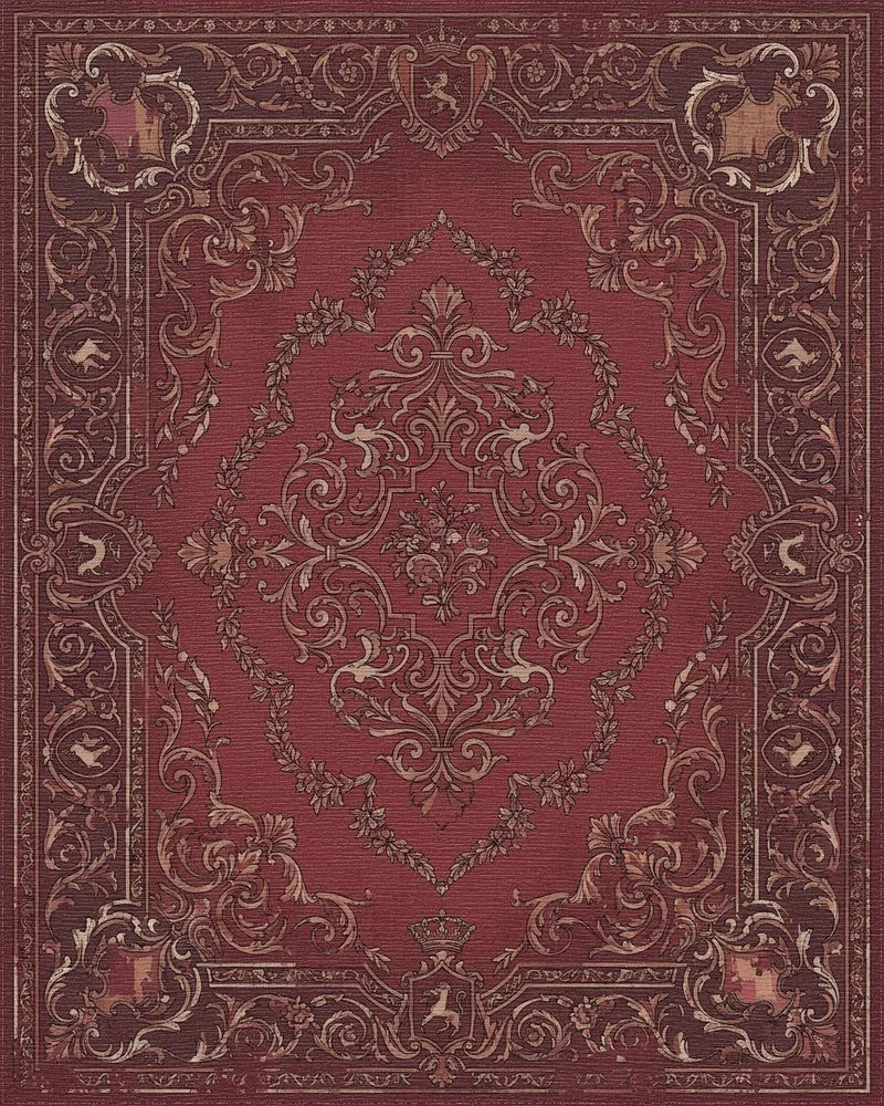 Rich Burgundy Vintage Scroll Medallion Rug - Cutout View