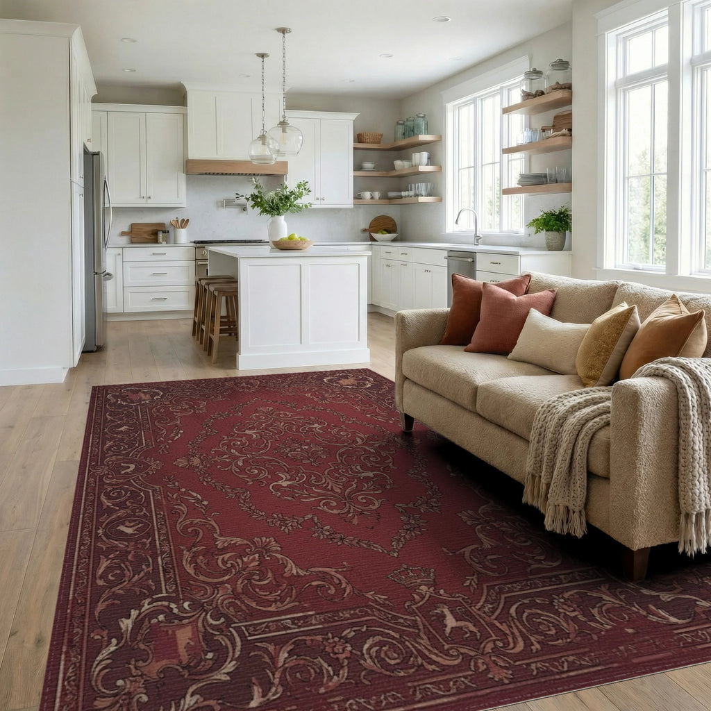 Rich Burgundy Vintage Scroll Medallion Rug Living Room View