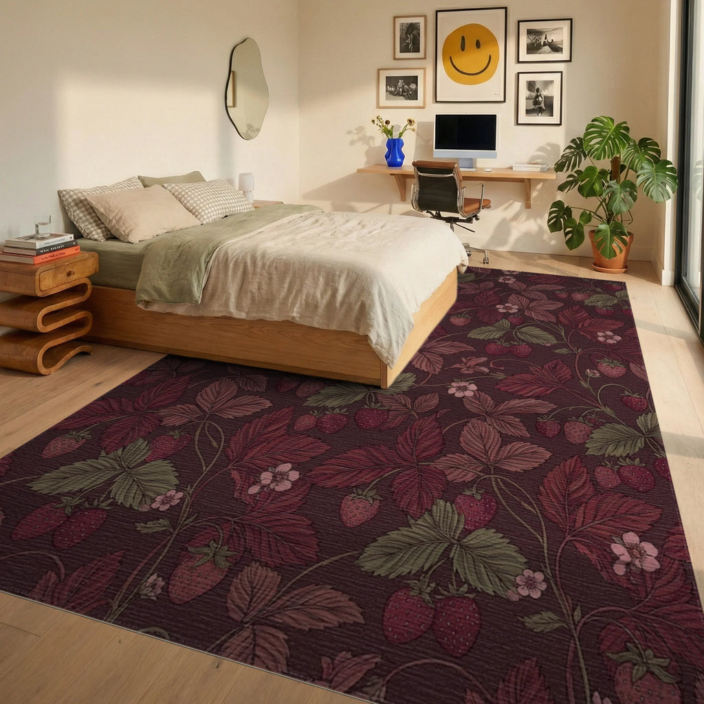 Rich Crimson Strawberry Leaf Vine Rug Bedroom View