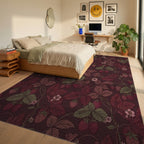 Rich Crimson Strawberry Leaf Vine Rug Bedroom View