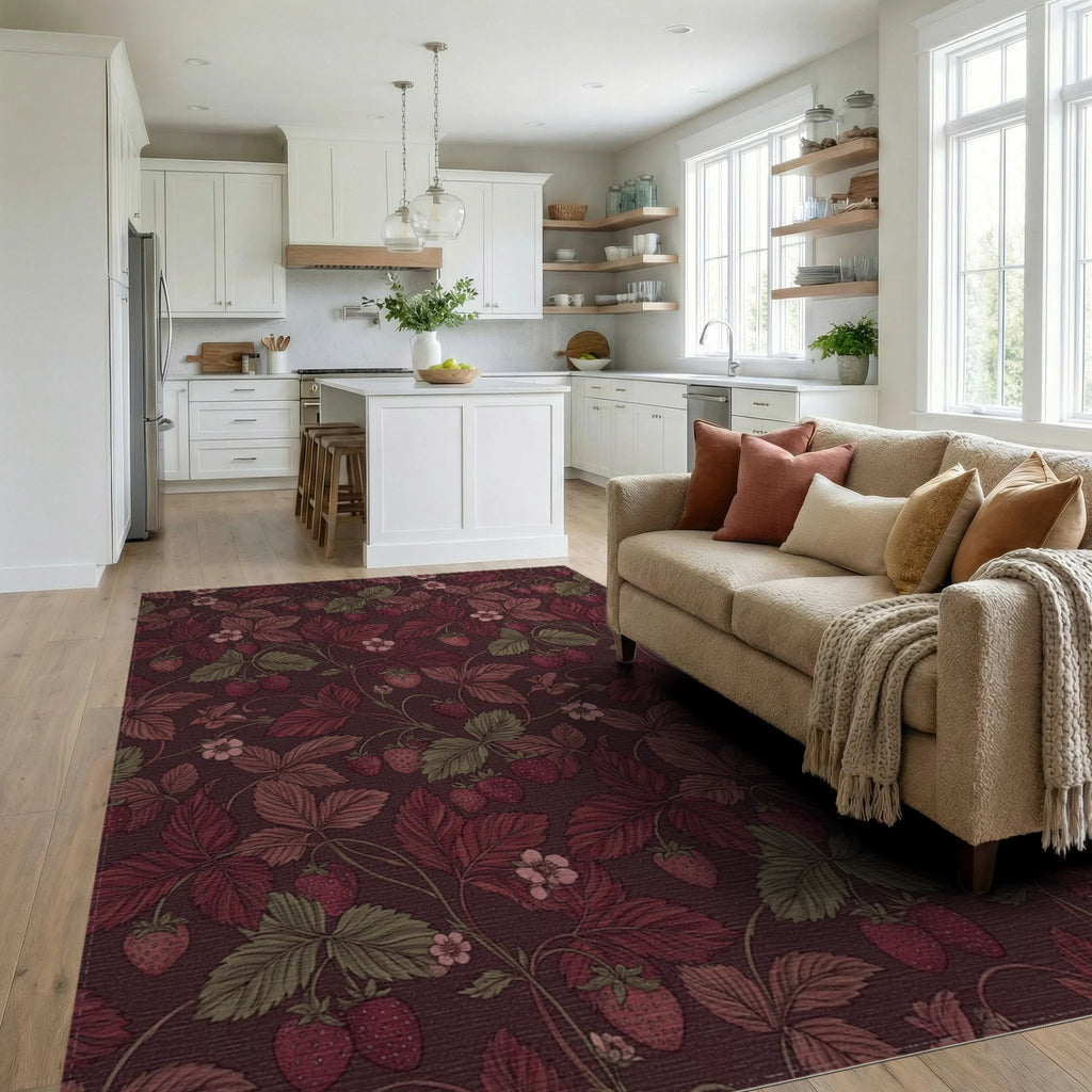 Rich Crimson Strawberry Leaf Vine Rug Living Room View