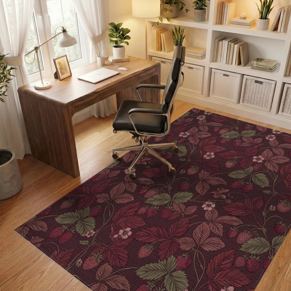 Rich Crimson Strawberry Leaf Vine Rug Office View