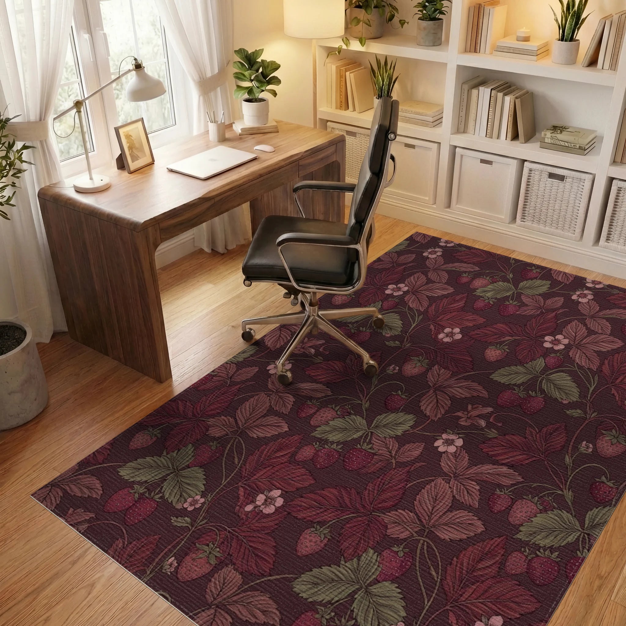 Rich Crimson Strawberry Leaf Vine Rug Office View