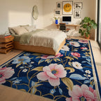 Rich Indigo Floral Blossom Garden Rug - Bedroom View