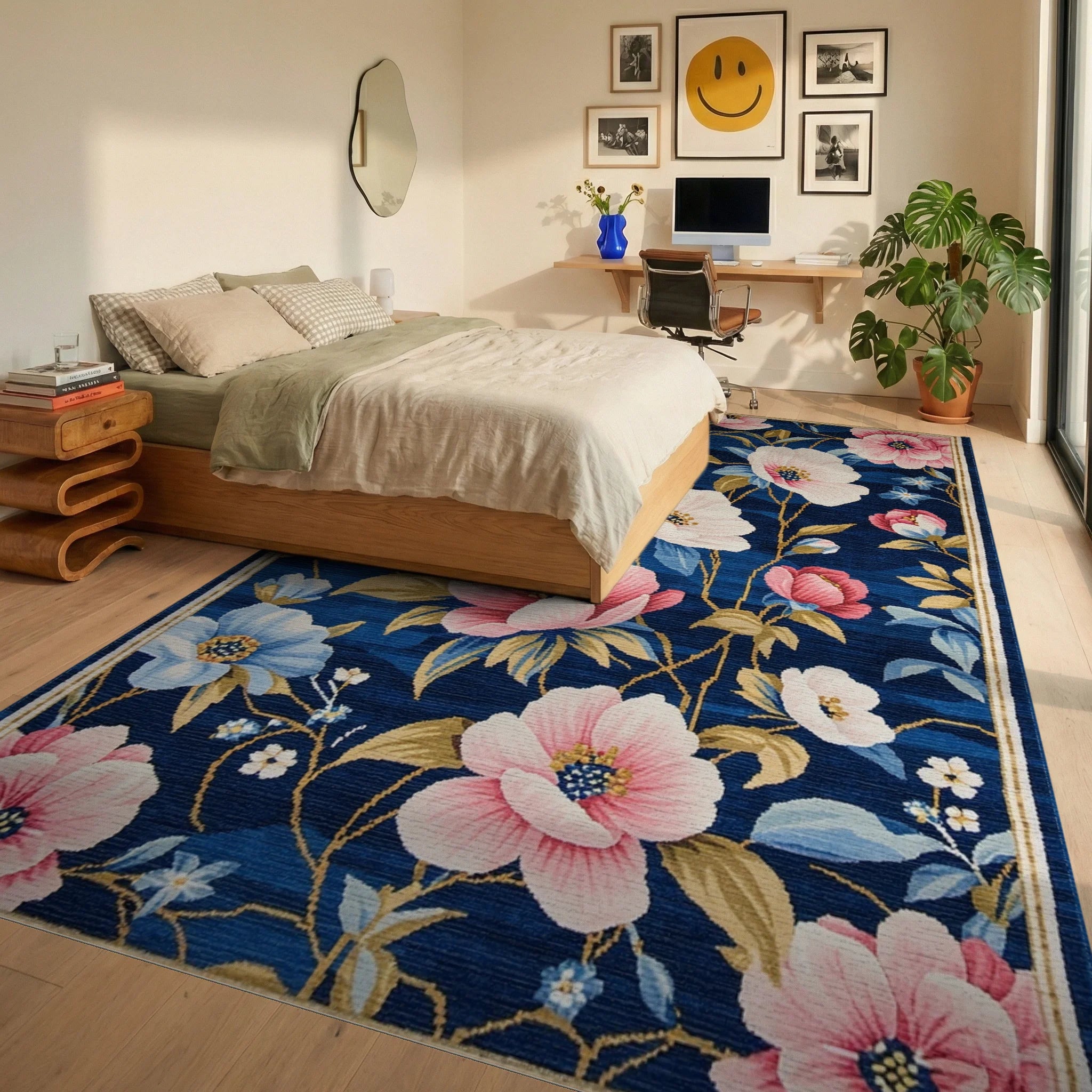 Rich Indigo Floral Blossom Garden Rug - Bedroom View