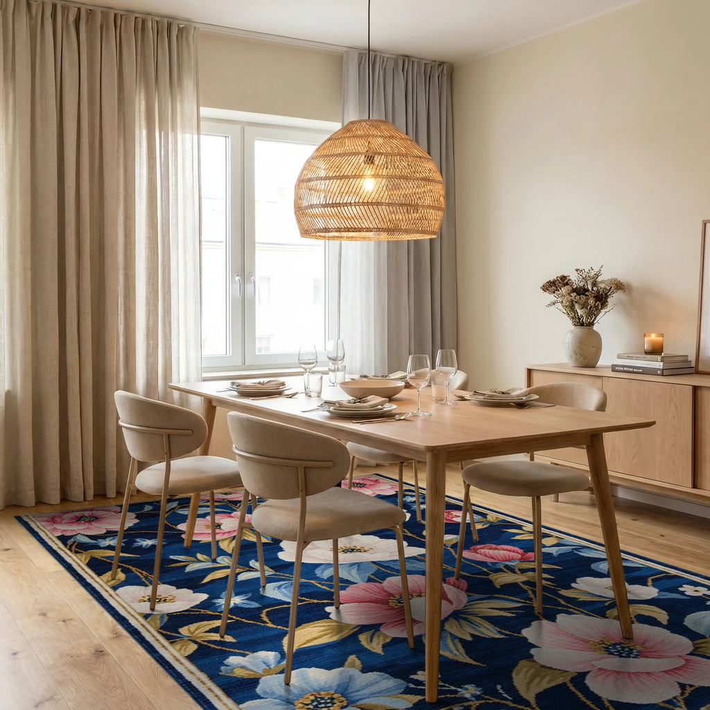Rich Indigo Floral Blossom Garden Rug - Dining Room View