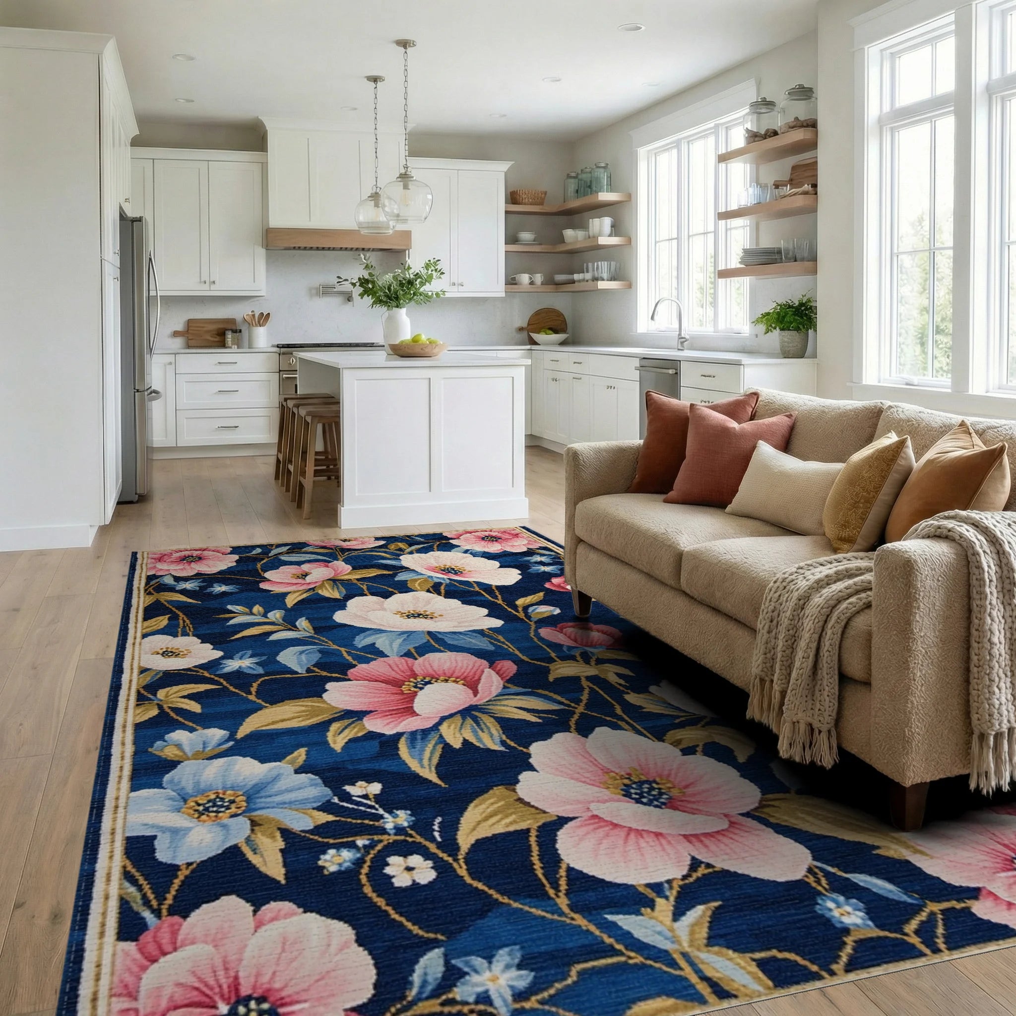 Rich Indigo Floral Blossom Garden Rug - Living Room View