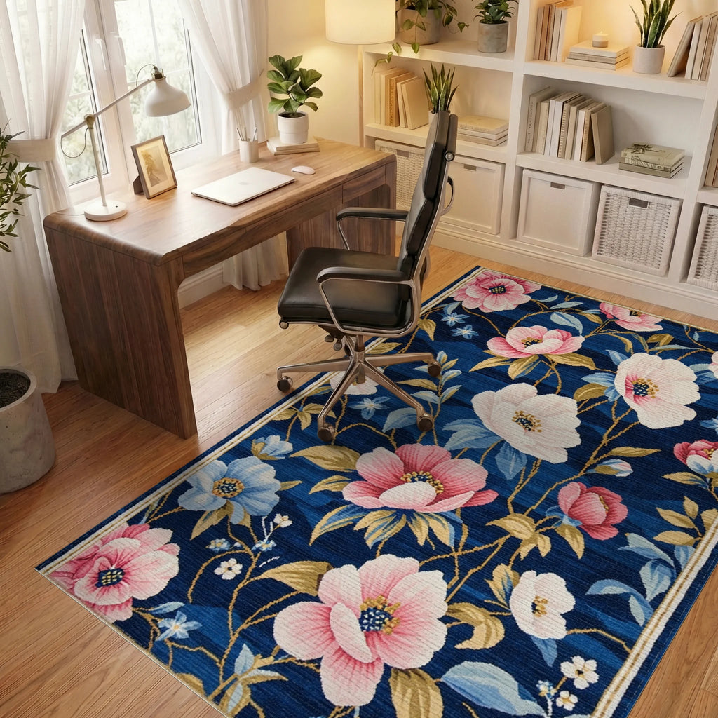 Rich Indigo Floral Blossom Garden Rug - Office View